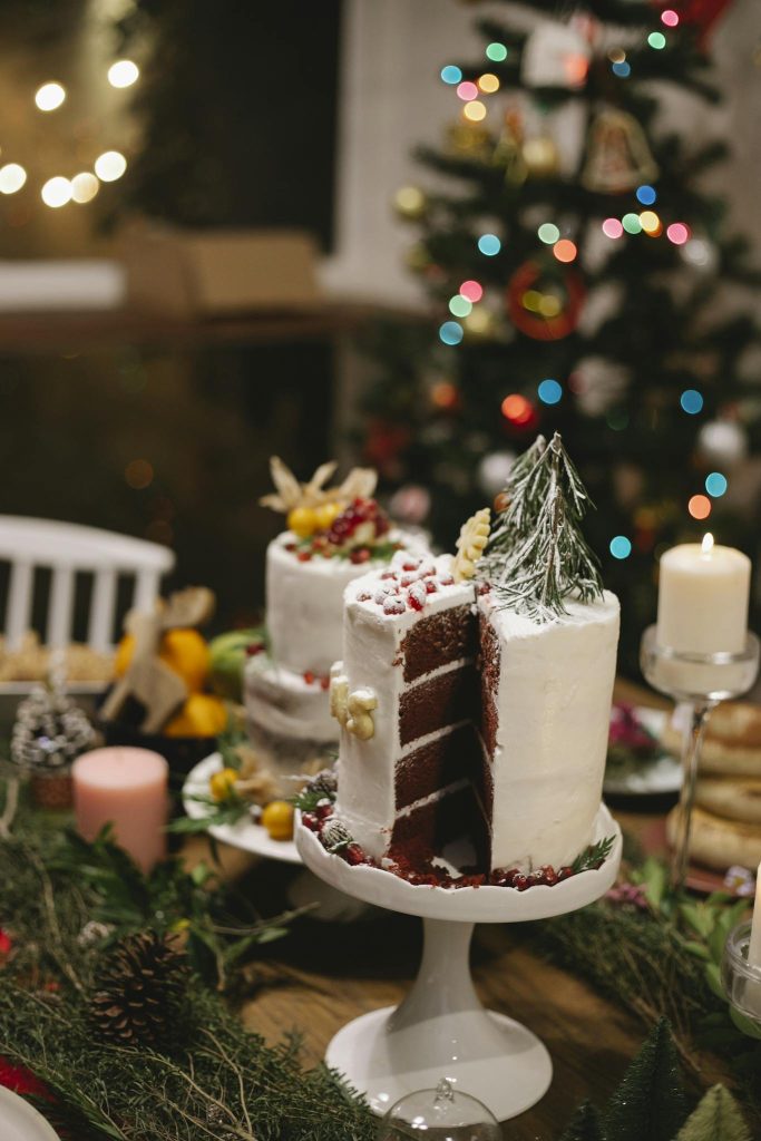 Tasty cake on table during New Year holiday